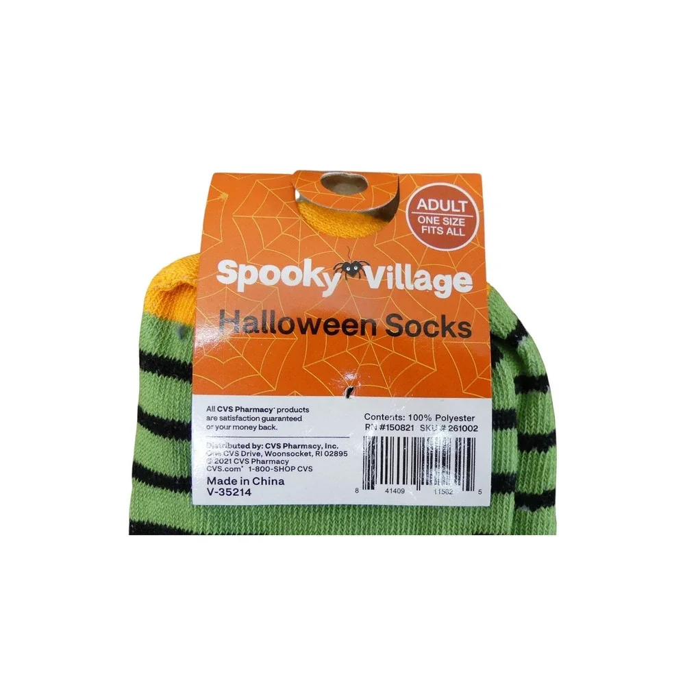 Spooky Village Halloween Socks Women OS Green NWT Black Cat Striped Festive